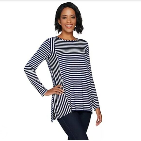 Lisa Rinna Navy and White Stripe Long Sleeve Round Neck Tunic Tshirt Size: Med - Picture 1 of 11